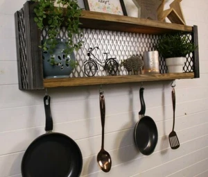 Industrial Style Wall Mounted Shelf. Storage Display Utensil Rack, - Picture 1 of 9