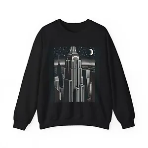 Adult Crewneck Sweatshirt Art Deco Night Skyline Crescent Moon City Classy Retro - Picture 1 of 11