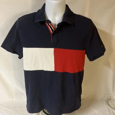 Camisa polo masculina Tommy Hilfiger vermelha branca azul colorblock média frete grátis! - Imagem 1 de 4