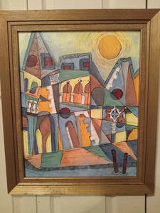 Vintage Oil On Masonite Cubist Abstract "Ancient City" Painting signed AVZ 1968 - Picture 1 of 11
