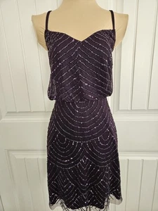 NWT amethyst Eggplant Adrianna Papell Sequin & Beaded Mesh Blouson Dress size 8 - Picture 1 of 13