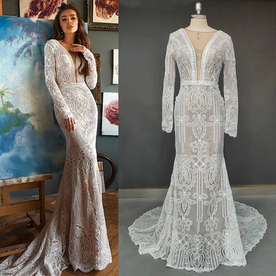 Luxury Mermaid Wedding Dress Deep V-Neck Long Sleeves Lace Applique Bridal Gowns - Image 1 of 4