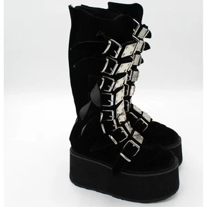 Demonia Trinity Plateau hohe Stiefel Damen 8 schwarz Samt Gothic Punk Schnalle - Bild 1 von 11