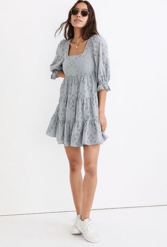 VETEMENTS Abito babydoll Madewell blu occhielli Lizzie taglia 0 manica a sbuffo floreale cottage nuovo con etichette