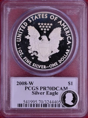 PCGS PR-70 DCAM! 2008-W PROOF SILVER EAGLE SIGNED BY MILES STANDISH - Image 1 of 3