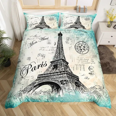 Eiffel Tower Duvet Cover Girls Chic Paris Theme Bedding Set Teens Vintage Par... - Photo 1/4