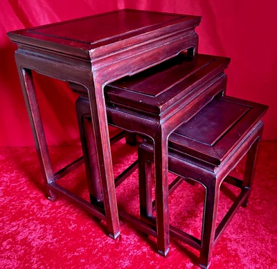 Set of 3 - Vintage Chinese Rosewood Nesting Tables Dark Red Patina - Image 1 of 4