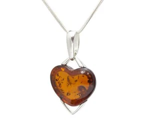 NATURAL BALTIC AMBER STERLING SILVER 925 PENDANT Heart CHAIN NECKLACE Certified - Picture 1 of 11