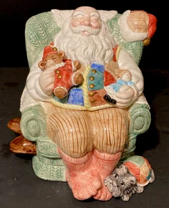 VINTAGE Fitz & Floyd 1992 Christmas Quilt Santa In Chair Cookie Jar In Box - Picture 1 of 12