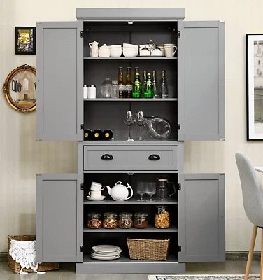 Tall Kitchen Larder Cupboard Pantry Cabinet Storage Unit Shelves Grey Utility