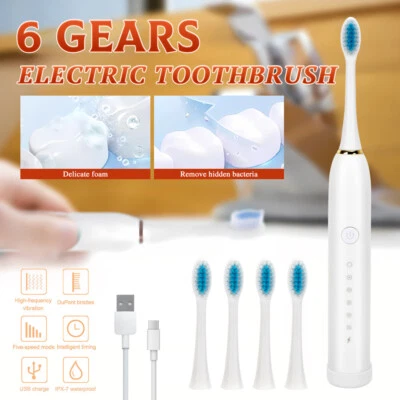 USB Rechargeable Electric Toothbrush Sonic 6 Modes Kids Adults Brush 4 Heads