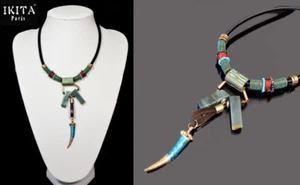 Necklace IKITA Paris Leather Cable Chain Pendant Agate Tooth Green - Picture 1 of 1