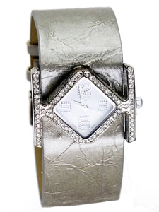VISAGEXCHANGE:WOMENS GRAY LEATHER BAND DIAMOND LOOK CASE QUARTZ ANALOG WATCH - Picture 1 of 4