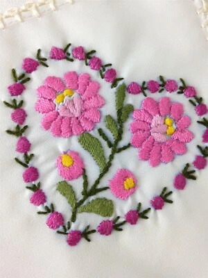 Womens Handkerchief Vintage Pink Embroidered Heart Square Hanky Crochet Edge 11" - Image 1 of 4