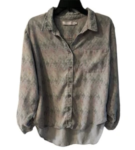 Billy T Button Down Shirt Damen Gr. L Pastell Aquarell Leinen Lyocell Roll Tab - Bild 1 von 7