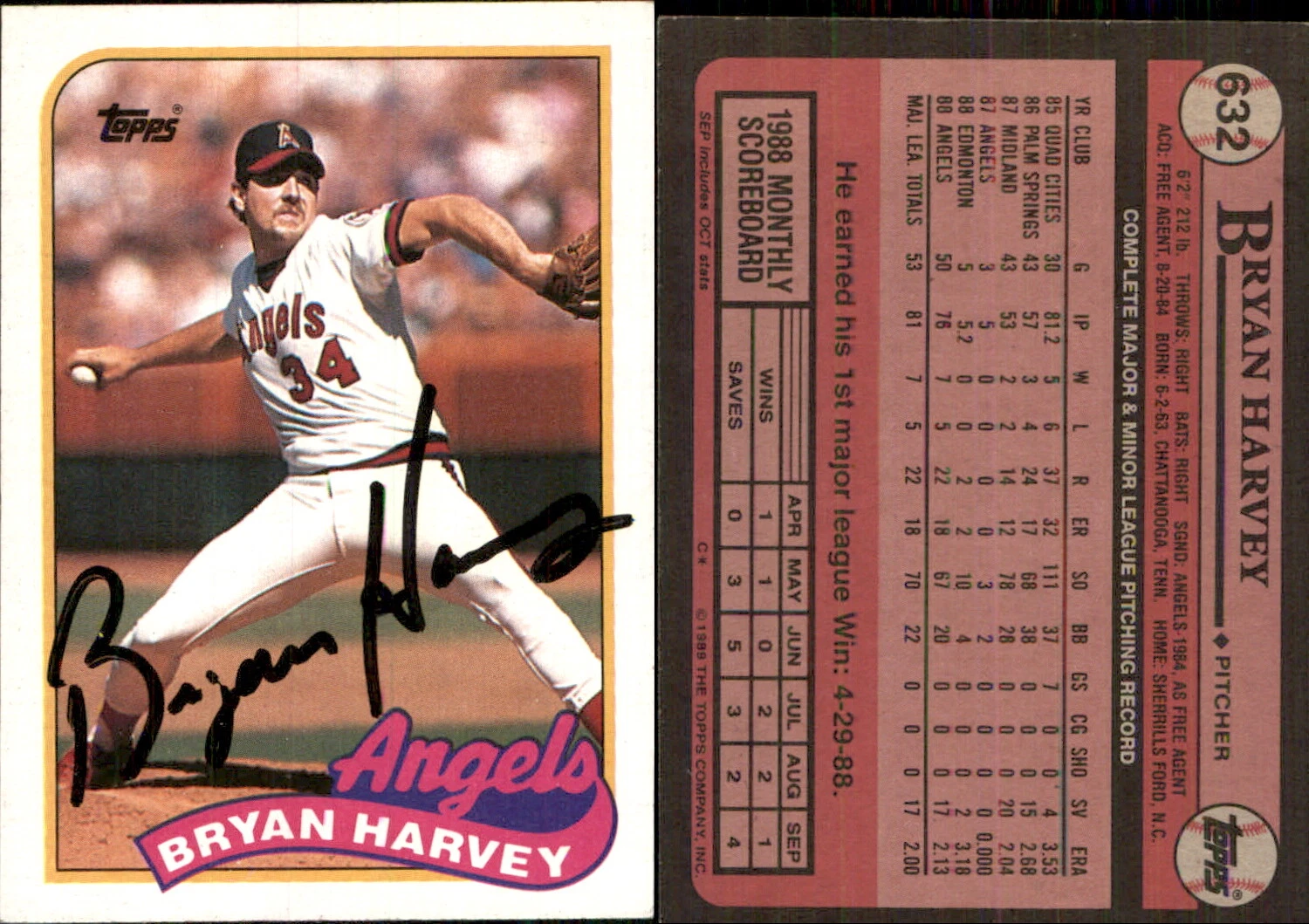 Bryan Harvey Signed 1989 Topps #632 Card California Angels Auto AU