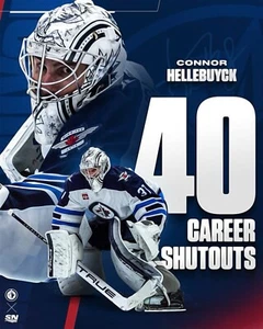 Foto de hockey Connor Hellebuyck 40 Career Shutouts Winnipeg Jets 8x10 NHL - Imagen 1 de 1