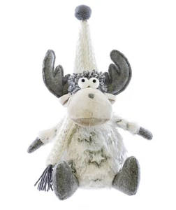 Reindeer Stuffed Plush Christmas Decoration 10 inches tall Grey White Shelf Sit - Picture 1 of 5