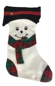 Handmade Snowman Christmas Stocking White Fleece Black Red Green Plaid - Picture 1 of 4