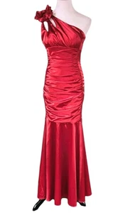 Vtg Mermaid Ball Gown Sz 1 Red Ruched Satin One Shoulder 3D Rose Holiday 80s 90s - Picture 1 of 15