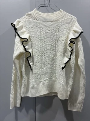 Suéter Marc New York con Volantes al Hombro M Blanco Encaje Tejido Borde en Contraste Pullover Foto 1 de 4