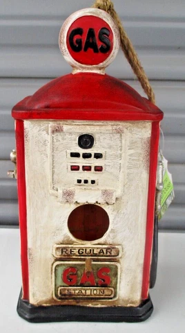New With Tags! Unique! Gas Pump Bird House! Resin! Vintage Style Gas Station WOW Cover