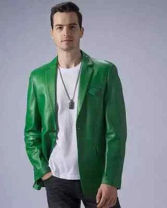 Men's Green Classic Basic Blazer Genuine handmade Leather Jacket - Picture 1 of 5