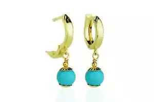 Real 14k Solid Yellow Gold Turquoise Huggie Dangle Earrings - Picture 1 of 2