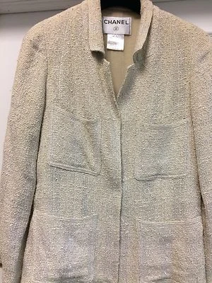 Auténtica Chaqueta CHANEL Gris Boucle Cadena de Lana Forrada Completa Talla 42 EE. UU. 4 S Alterada Foto 1 de 4