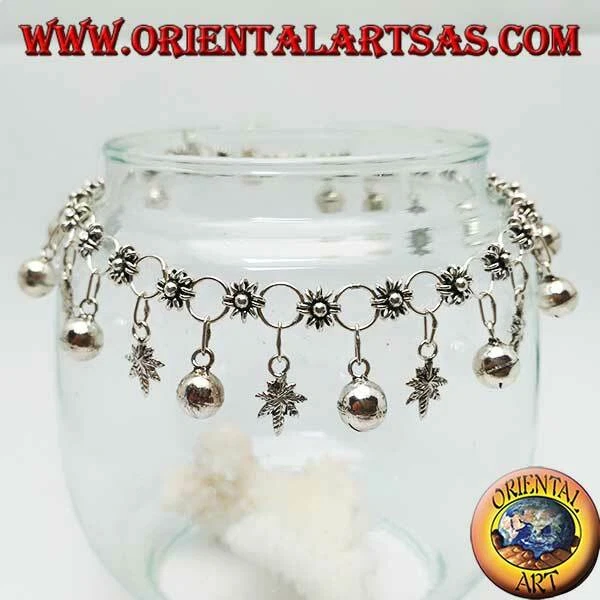 Cavigliera in Argento 925‰ con maglia a fiori e foglie di marjuana e campanelli - Immagine 1 di 1