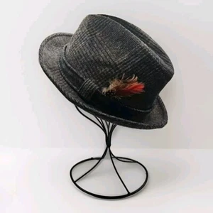 Genuine Vtg Dobbs Fifth Avenue Wool Tweed Fedora Feather Hat Brown Plaid 6 7/8 - Picture 1 of 7