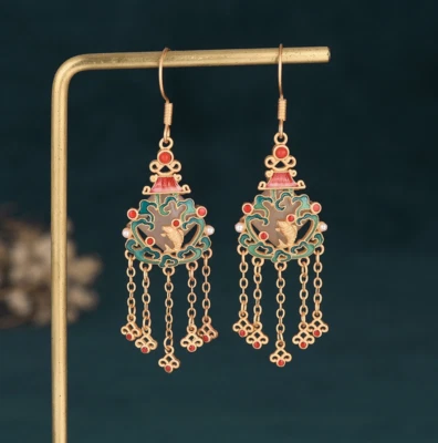 Jade Cloisonne Bohemian Drop Dangle Earrings Ethnic Tassel Hook 18K Gold Plated - Image 1 of 4