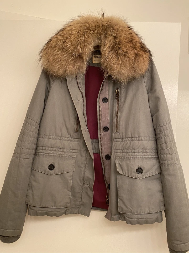 zadig & Voltaire Army Olive Green Cargo Kassi jacket Raccoon Fur Collar XS - Image 1 of 4