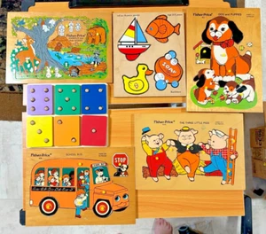 6 Vintage Wood Puzzles, Fisher Price 1970's, Animals, Toys, Bus - Picture 1 of 10