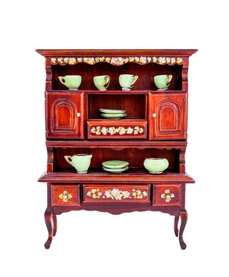 Miniature Dollhouse Wood Display Cabinet Floral Hand Painted Green Tableware - Image 1 of 4