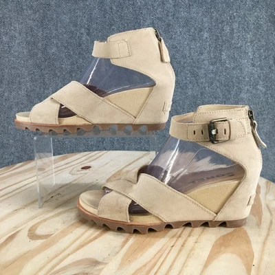 Sandalias Sorel para mujer 9,5 Joanie II punta abierta tobillo tiras cuña beige gamuza Foto 1 de 4