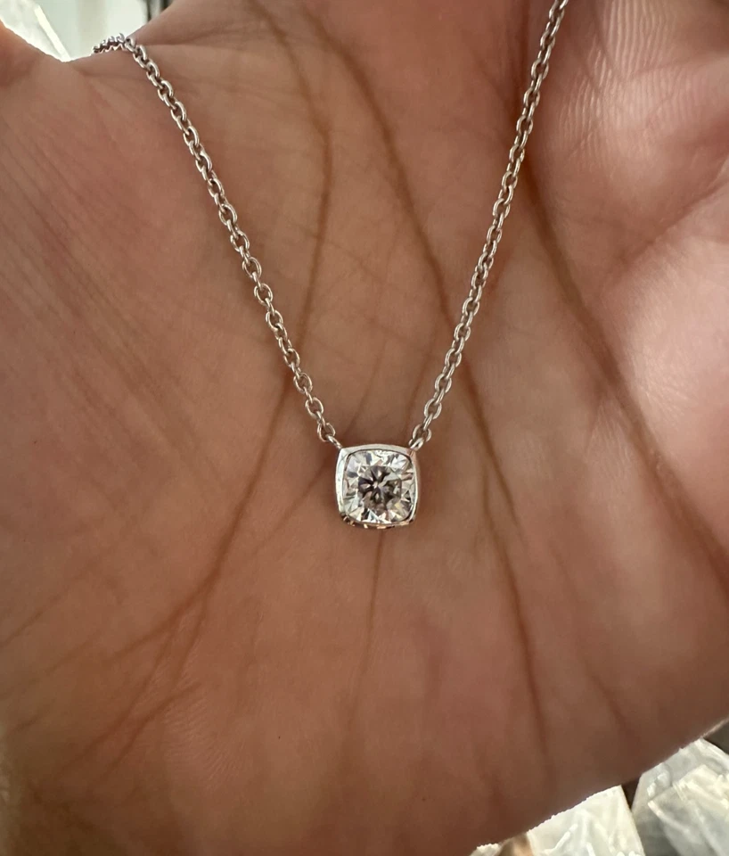 1.25ct Cushion Cut Moissanite Pendant Bezel Set Necklace 14K White Gold Trendy - Image 1 of 4