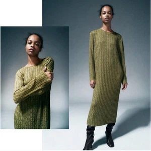 Zara Dress Women's Size S Green Jacquard Maxi Dapery Fit Long Sleeve Minimalist  - Picture 1 of 5