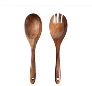 Wooden Salad Server Set Of 2 Acacia Stirring Spoon 10inch Wooden Utensils - Picture 1 of 3