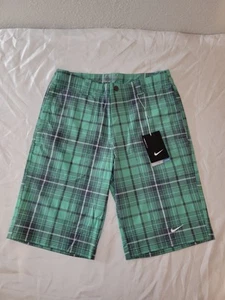 Nike Golf Youth -Medium- Green Gray Plaid Tech Athletic Shorts - Picture 1 of 5