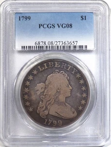 1799 Silver Dollar Draped Bust Obverse, Heraldic Eagle Reverse PCGS graded VG 08 - Picture 1 of 5