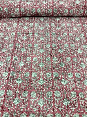 Indian Pink White Floral Kantha Quilt,Blanket Cotton King Size Bedspread Throw - Image 1 of 4