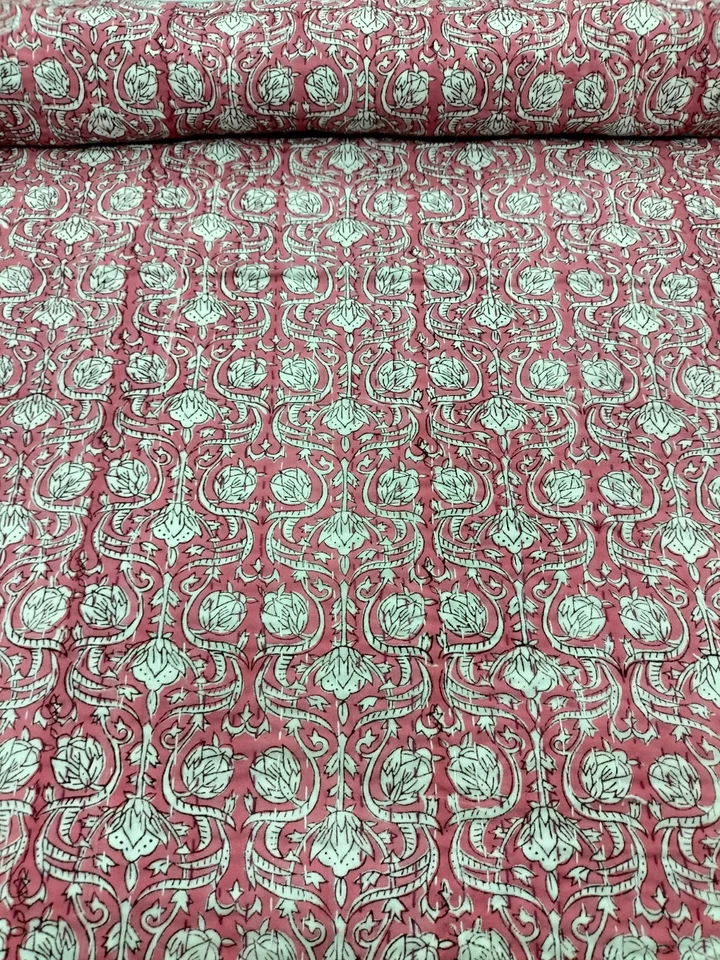 Indian Pink White Floral Kantha Quilt,Blanket Cotton King Size Bedspread Throw - Image 1 of 4