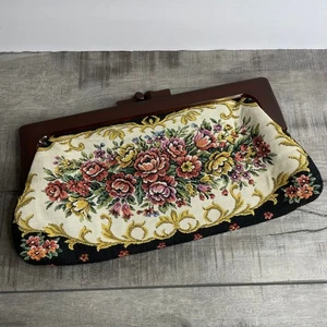 Vintage Floral Rose Tapestry Clutch Purse Brown Plastic Handle Hong Kong - Picture 1 of 8