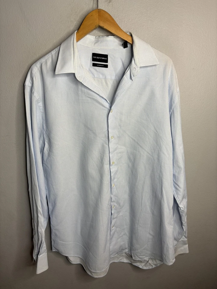 Camisa Emporio Armani Para Hombre 17.5 44 Azul Claro Calce Moderno Manga Larga Micro Cuadros Foto 1 de 4