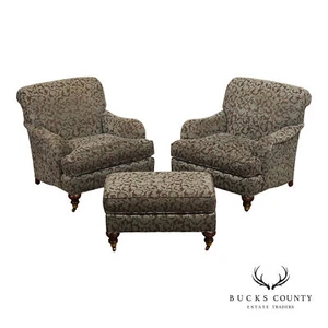 Robert Allen English Traditional Pair of Lounge Chairs and Ottoman - Picture 1 of 21