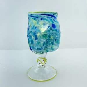 Albo Art Glass Wine Glass 1994 G.A.S. Bubbly Funky Abstract Blue Yellow Green - Picture 1 of 15