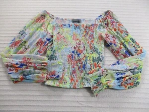 Anthropologie Womens Shirt Medium Green Floral Long Balloon Sleeve Stretch Blue - Picture 1 of 11