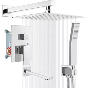 Chrome Shower Faucet Set 12" Rainfall Head Combo Kit with Tub Spout Wall Mounted - Picture 1 of 10