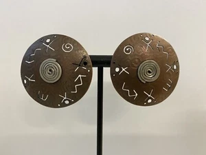Artisan Native Stamped Clip On Earrings - RARE - Copper and Silver Tone - Picture 1 of 7